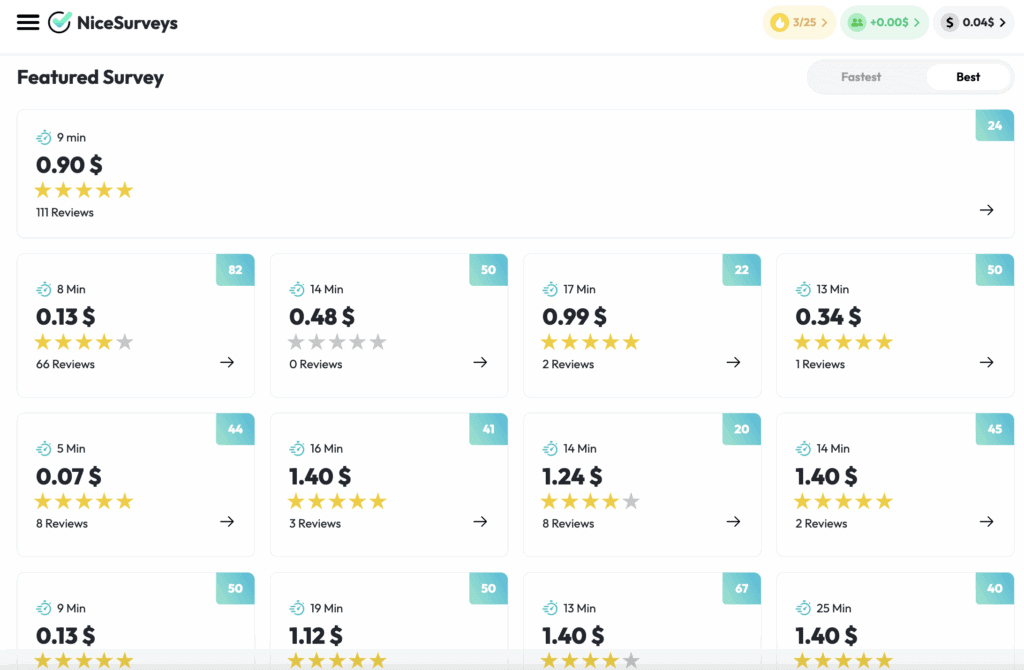 Here's a screenshot from my NiceSurveys dashboard that shows how much you can get for answering a survey.