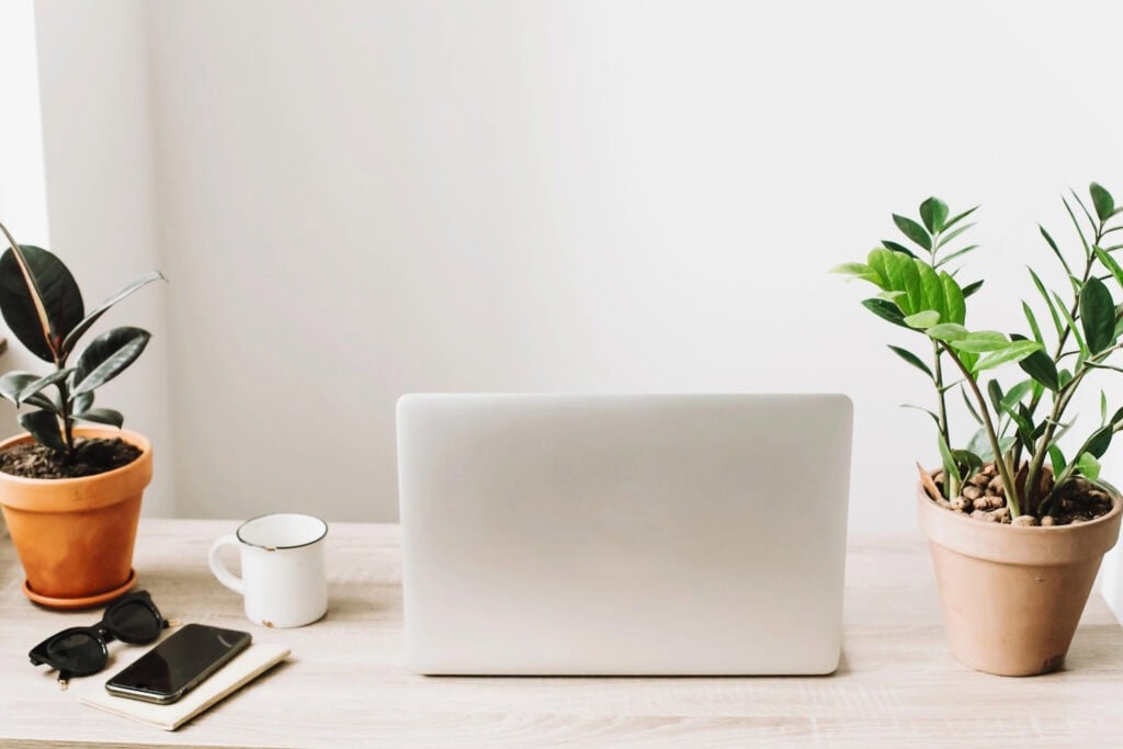 laptop on a desk with plants and a phone for an article about ways to make $6,000 a month